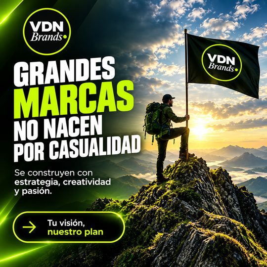 Publicación de VDN Brands: «Grandes marcas no nacen por casualidad. Se construyen con estrategia, creatividad y pasión», con un excursionista que planta la bandera de VDN Brands en la cima de una montaña