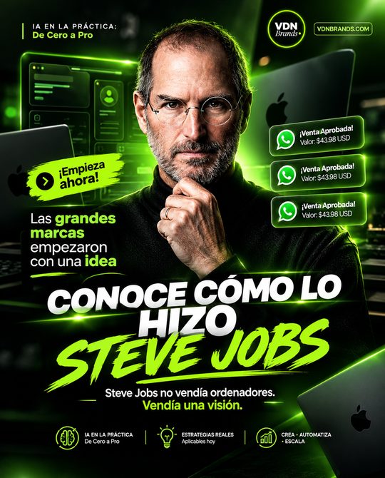 Publicación de VDN Brands sobre IA en la práctica, de cero a pro: «Conoce cómo lo hizo Steve Jobs. Steve Jobs no vendía ordenadores. Vendía una visión»