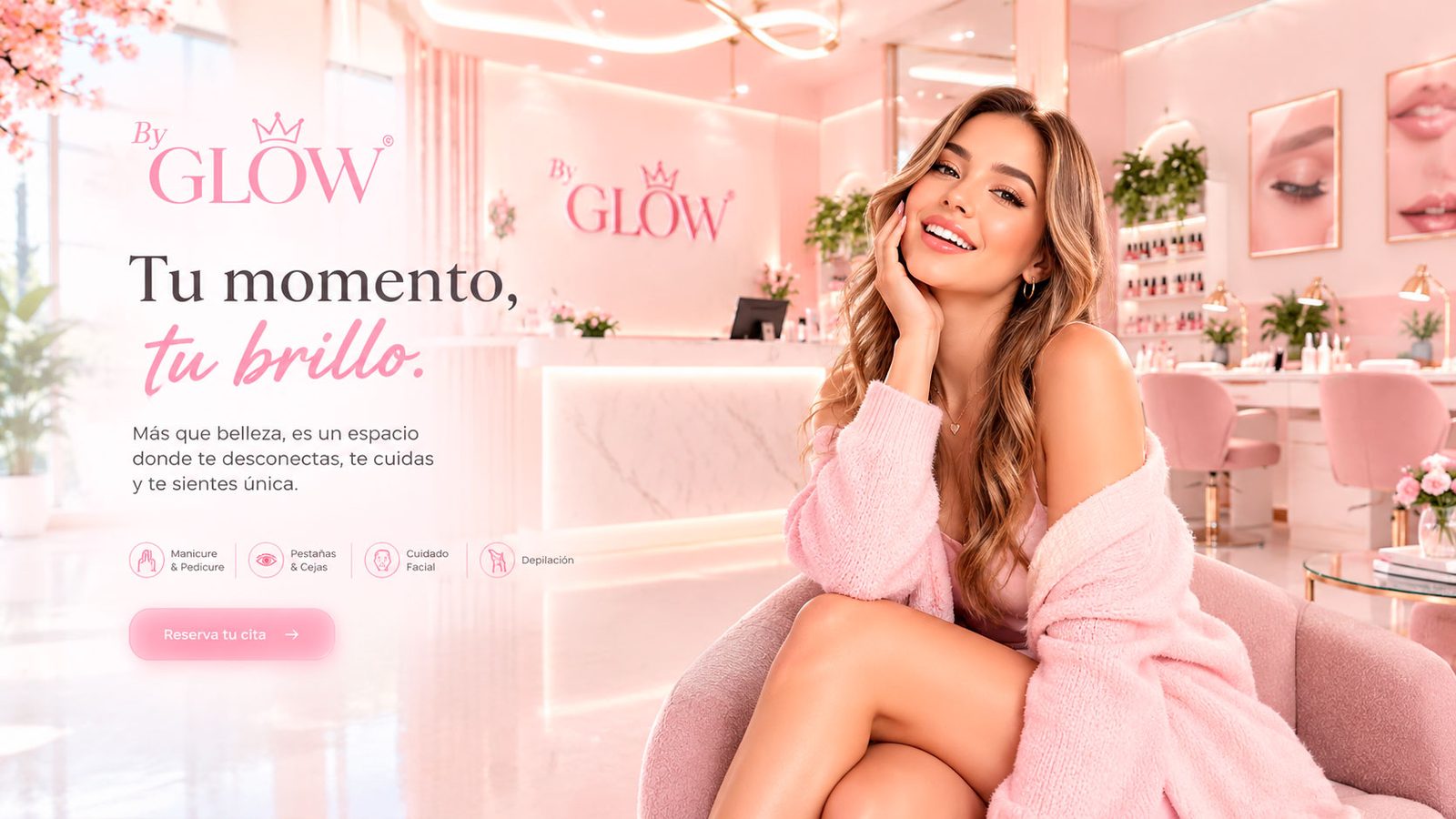 Inicio del sitio de By Glow: el mensaje «Tu momento, tu brillo», los servicios y el botón para reservar, junto a una clienta en el centro