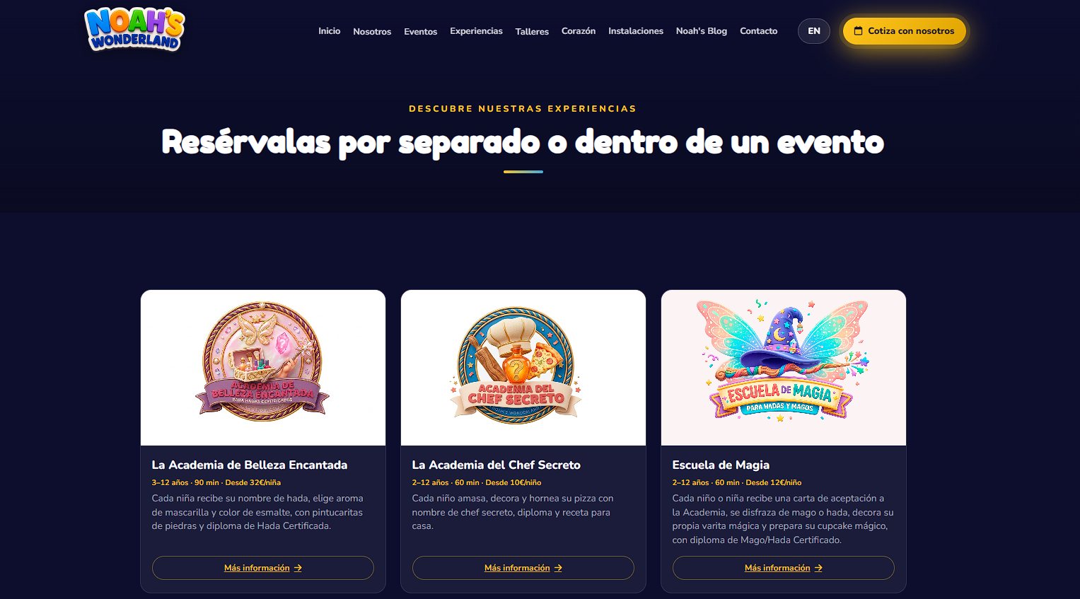 Página de experiencias de noahswonderland.com: la Academia de Belleza Encantada, la Academia del Chef Secreto y la Escuela de Magia, cada una con edades, duración y precio