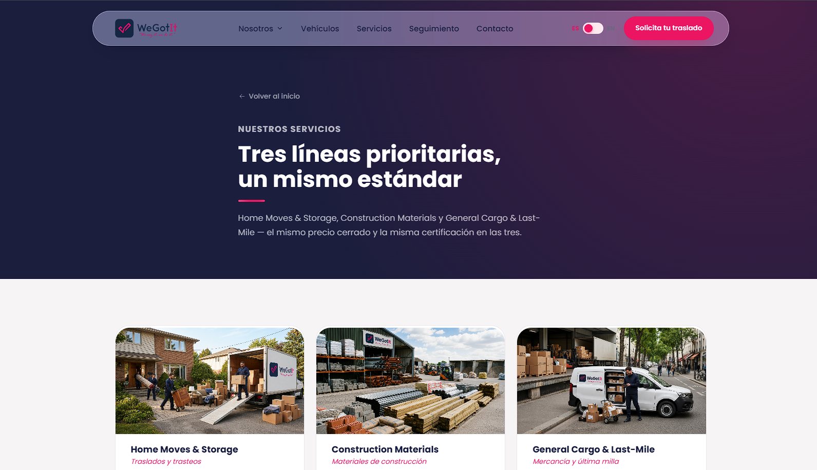 Página de servicios de wegotit.es, «Tres líneas prioritarias, un mismo estándar»: mudanzas y guardamuebles, materiales de construcción, y mercancía y última milla